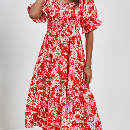 Smocked Floral Square Neck Short Sleeve Dress