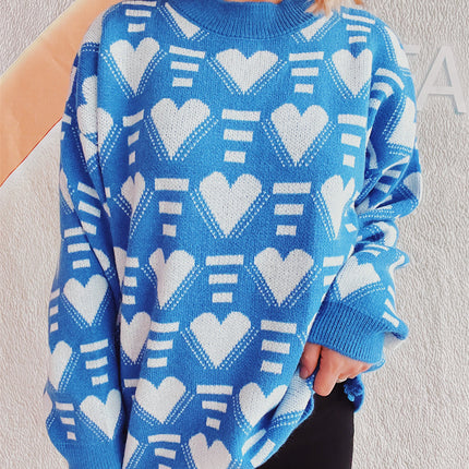 Heart Contrast Long Sleeve Dropped Shoulder Sweater