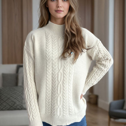 Cable-Knit Mock Neck Dropped Shoulder Sweater