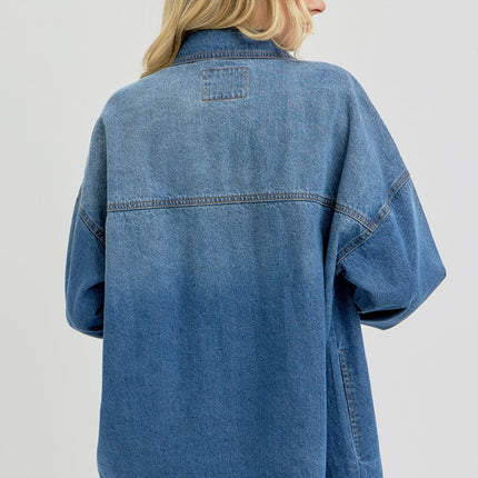 RISEN Full Size Snap Down Long Sleeve Denim Shacket