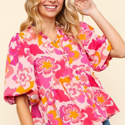 Haptics Full Size Frill Floral Puff Sleeve Blouse