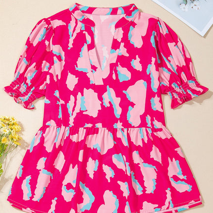 Peplum Printed Notched Short Sleeve Blouse