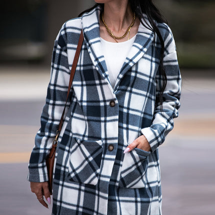 Shiny Plaid Shawl Collar Coat with Pockets