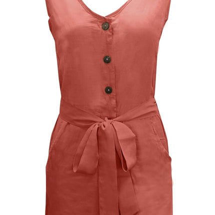 Full Size Tied V-Neck Sleeveless Romper with Pockets