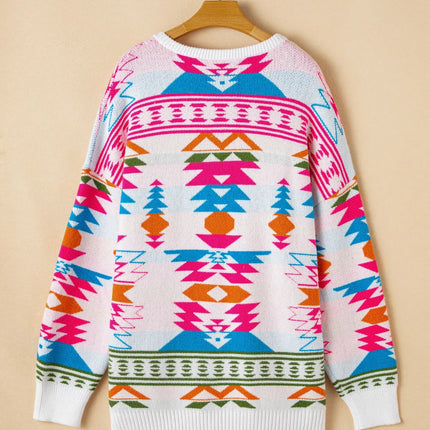 Geometric V-Neck Long Sleeve Sweater