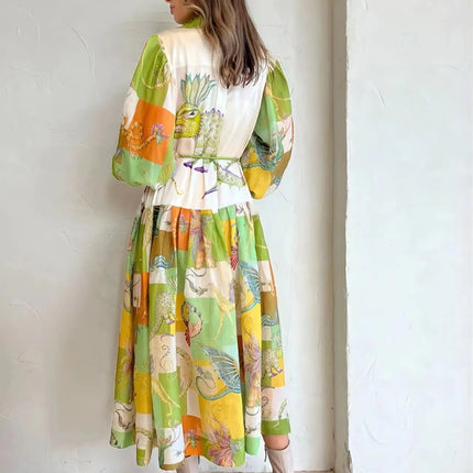2023 Autumn Print Holiday Women Beach Dress With Belts A-line Long Lantern Sleeve Single Breasted Lapel Seaside Dresses Robe