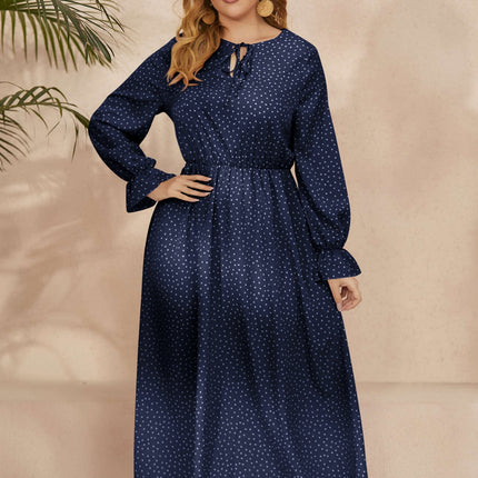 Plus Size Ruffled Polka Dot Long Sleeve Midi Dress