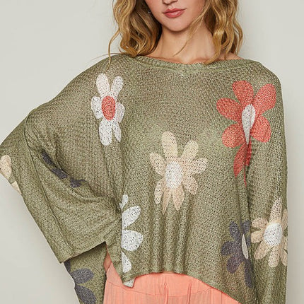 POL Flower Dropped Shoulder Long Sleeve Knit Top