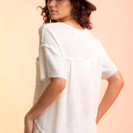 Waffle-Knit Notched Half Sleeve T-Shirt