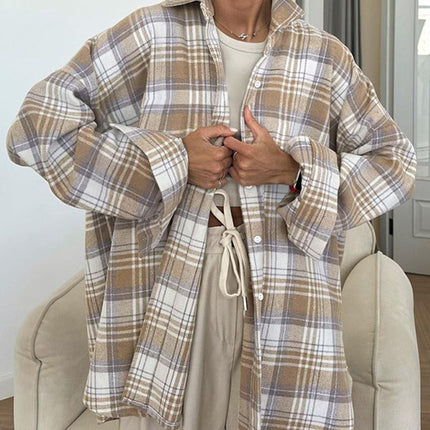 Plaid Collared Neck Dropped Shoulder Shirt