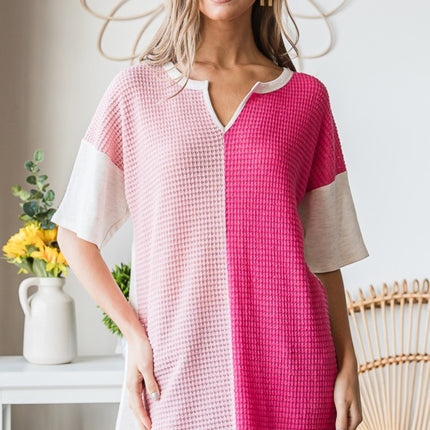 Heimish Full Size Contrast Waffle-Knit Half Sleeve Blouse