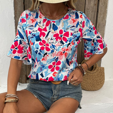 Printed Round Neck Flounce Sleeve Blouse