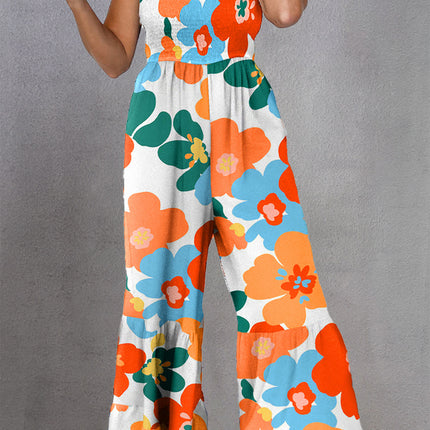 Printed Smocked Spaghetti Strap Jumpsuit