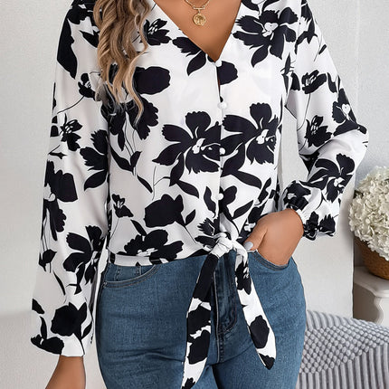 Printed V-Neck Long Sleeve Blouse