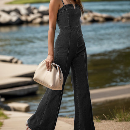 Spaghetti Strap Wide Leg Denim Overalls