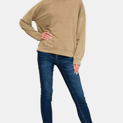 Zenana Washed Round Neck Dropped Shoulder Sweatshirt