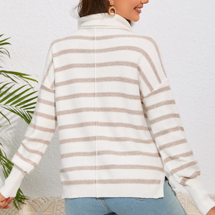 Double Take Cowl Neck Drawstring Dropped Shoulder Striped Print Blouse