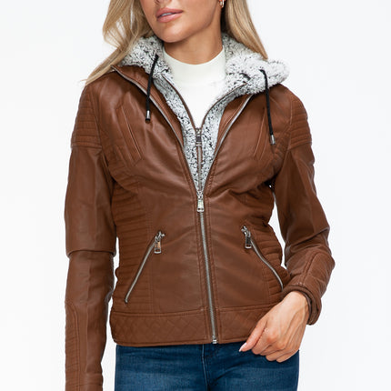 YMI Faux Layered Double-Zipper Jacket with Fuzzy Hood