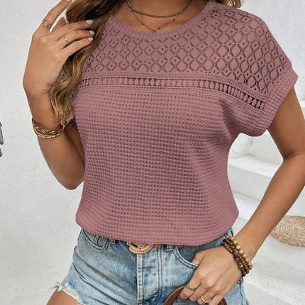 Waffle-Knit Round Neck Short Sleeve Top