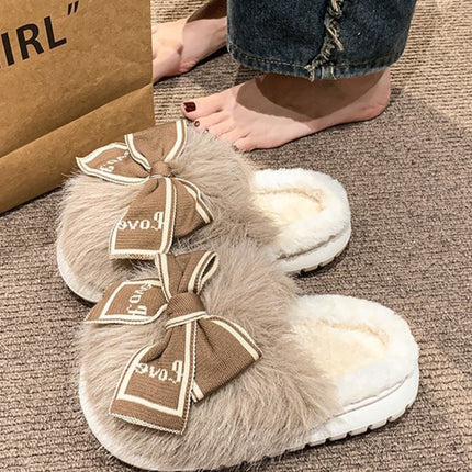 Bow Furry Round Toe Slippers