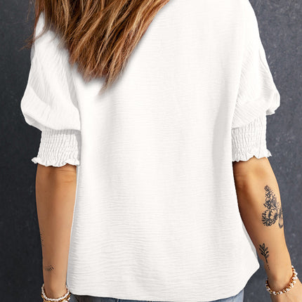 Smocked Johnny Collar Half Sleeve Blouse