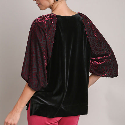 Umgee Round Neck Leopard Balloon Sleeve Velvet Top