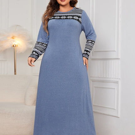 Plus Size Printed Round Neck Long Sleeve Dress