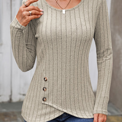 Decorative Button Round Neck Long Sleeve T-Shirt