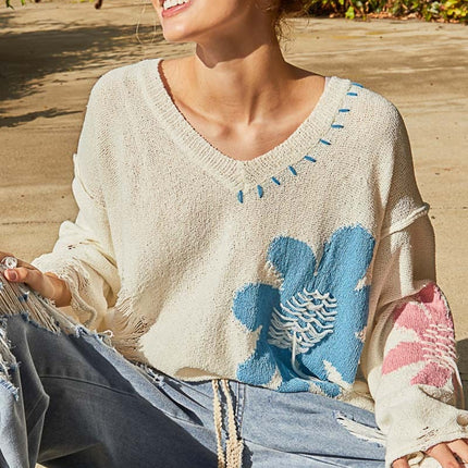 POL Distressed Flower V-Neck Dropped Shoulder Knit Top