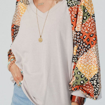 Leopard Contrast V-Neck Long Sleeve Blouse