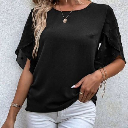 Swiss Dot Round Neck Half Sleeve Blouse