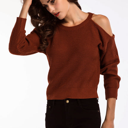 Double Take Round Neck Cold-Shoulder Ribbed Sweater