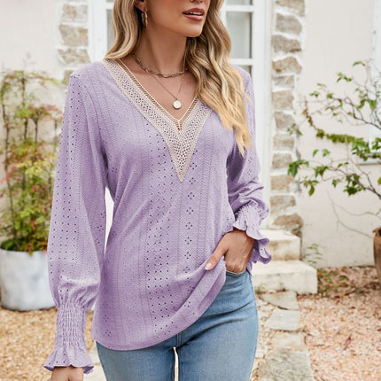 Eyelet V-Neck Smocked Flounce Sleeve Blouse