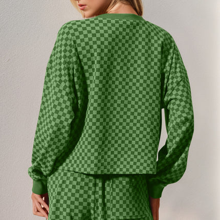 Double Take Checkered Half Button Top and Shorts Set - Vickie Lynn's