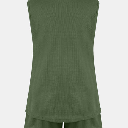 Full Size Waffle-Knit Notched Top and Shorts Set