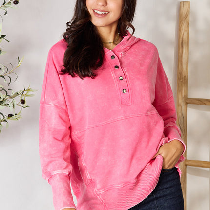 Zenana Half Snap Long Sleeve Hoodie with Pockets