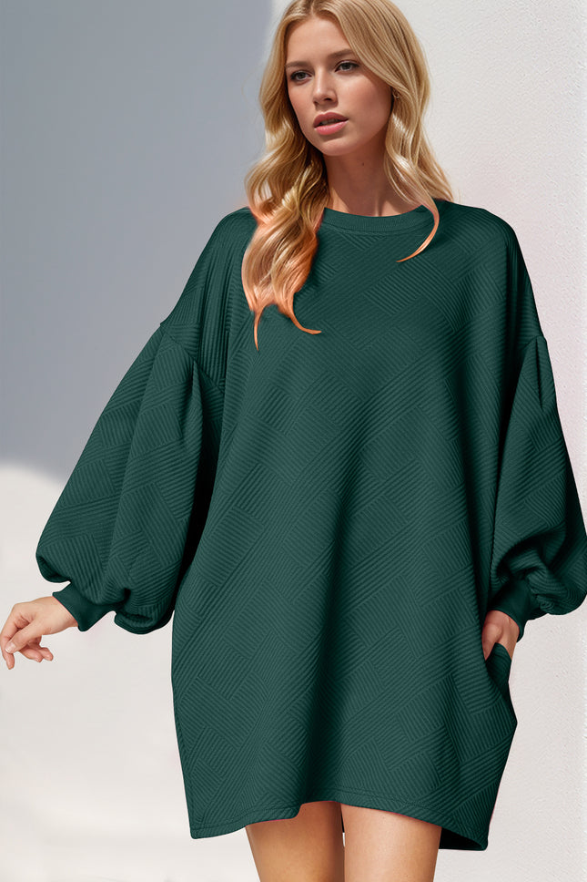 Double Take Drop Shoulder Lantern Sleeve Texture Mini Dress with Pockets - Vickie Lynn's