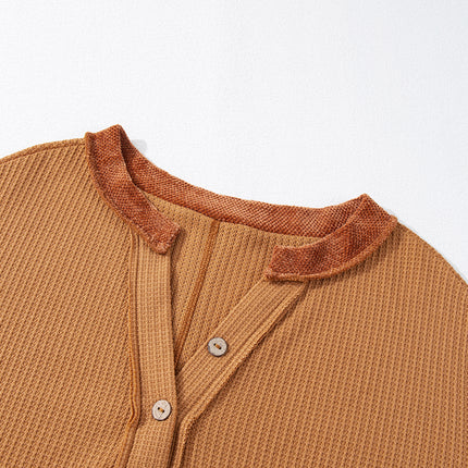 Contrast Patched Exposed Seam Waffle Knit Henley Top