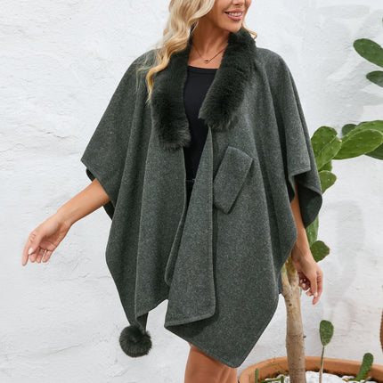 Fuzzy Trim Open Front Poncho