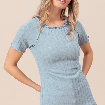 BiBi Ruffle Round Neck Merrow Edge Rib Top