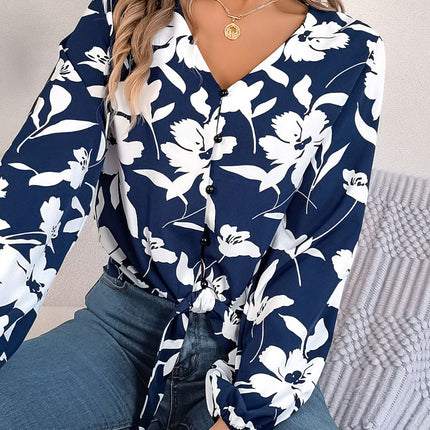 Printed V-Neck Long Sleeve Blouse