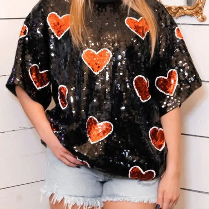 Valentine’s Day Sequin Heart Round Neck Half Sleeve Top