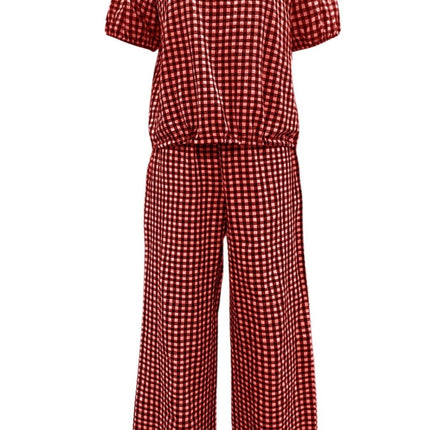 Full Size Plaid Round Neck Half Sleeve Top and Pants Set