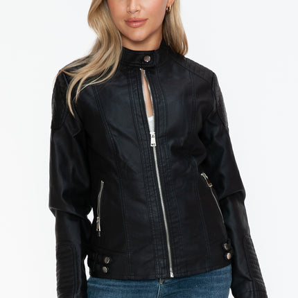 Snobbish Faux Leather Biker Jacket with Side Zip Pockets