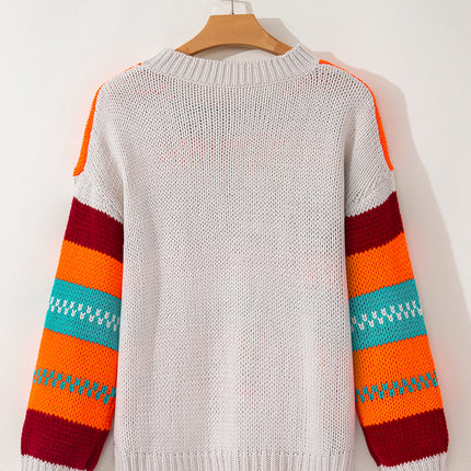 Contrast Striped Round Neck Long Sleeve Sweater