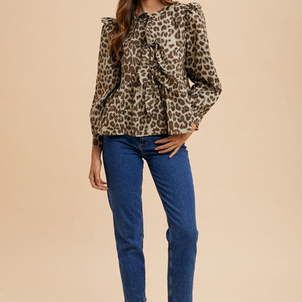 Annie Wear Tied Leopard Round Neck Peplum Blouse