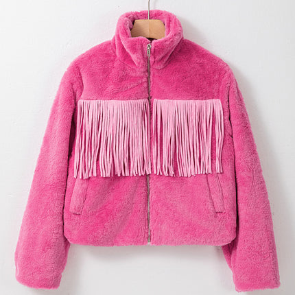 Fringed Zip Up Fleece Jacket