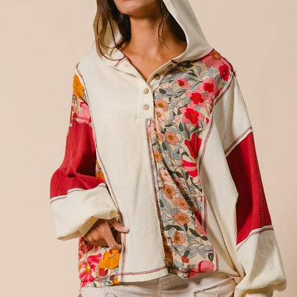 BiBi Contrast Stitching Floral Half Button Hoodie