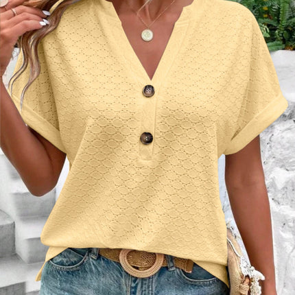 Eyelet Notched Short Sleeve Blouse