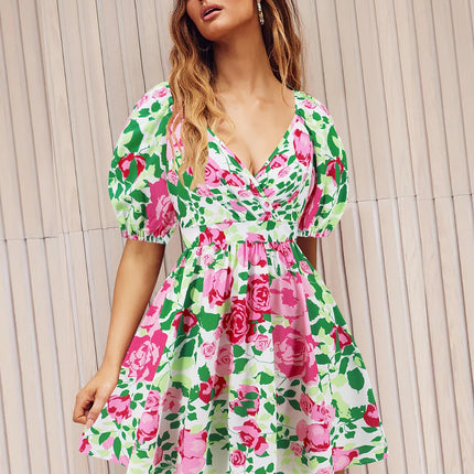 Printed Surplice Short Sleeve Dress